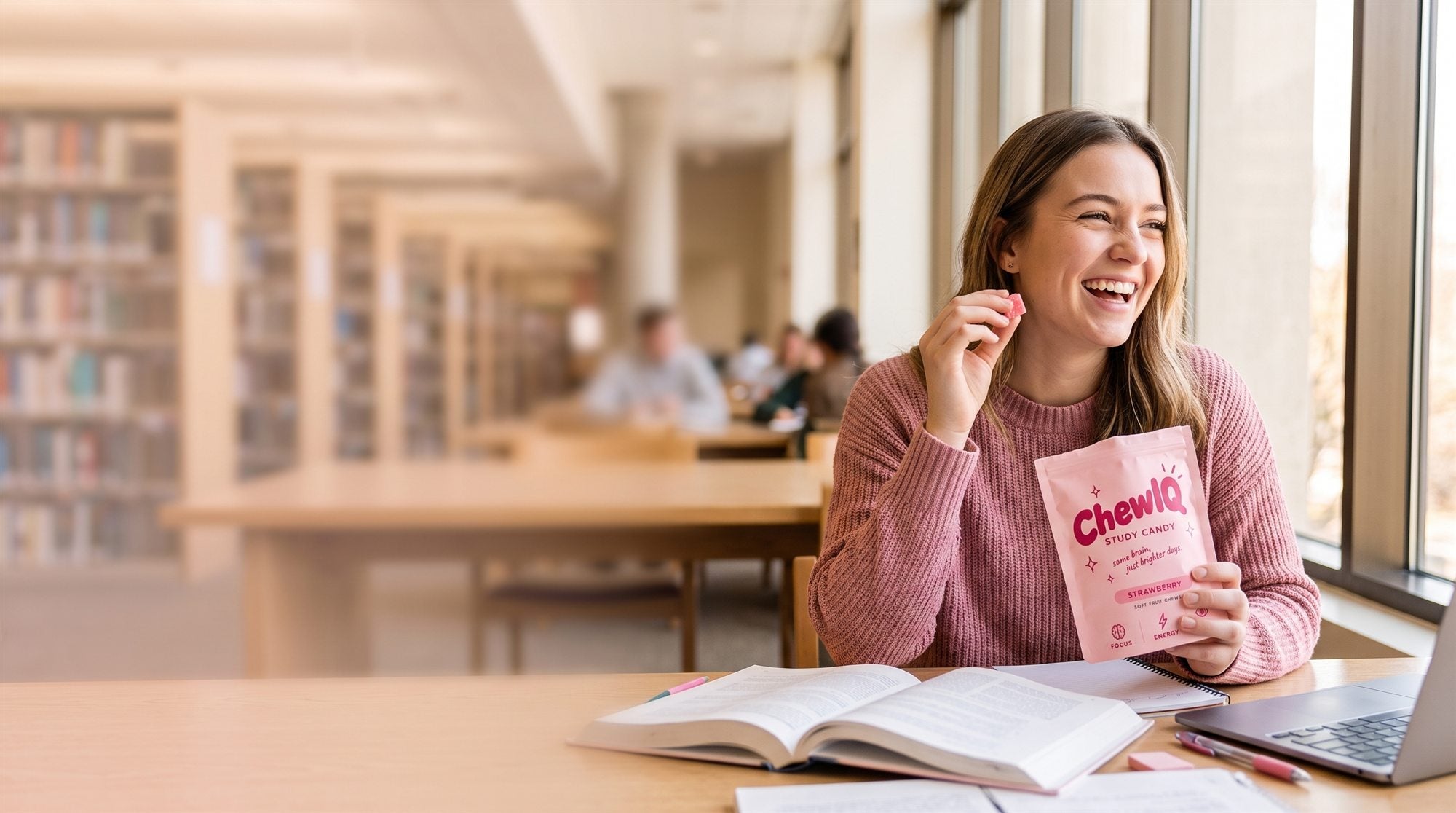 A student smiling while holding ChewIQ Strawberry study candy